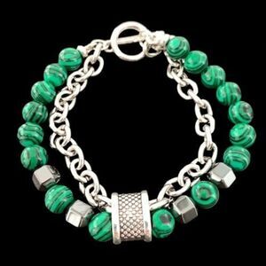 Women’s Malachite Green & Hematite Double Strand Beaded Bracelet with Chain